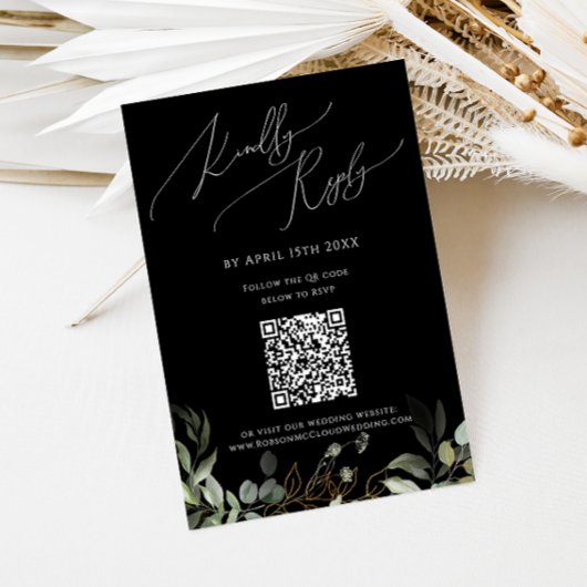 Whimsical Black en Gold QR Code RSVP Kaartje