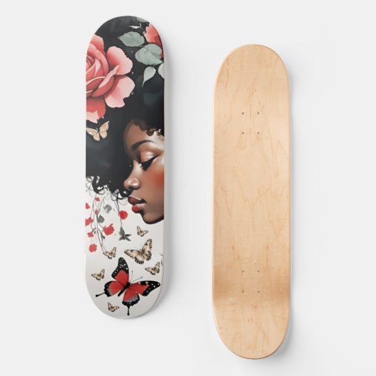 Whimsical Black Girl met Rozen en vlinders Persoonlijk Skateboard (Voorkant)