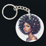 Whimsical Black Girl W/ Flower Adorned Afro Sleutelhanger<br><div class="desc">Celebrate the beauty and diversity of black women with this sweet print showcasing an AfricanAmerican young lady wearing her crowning glory in a classic round curly afro. Her naturally curly afro is accented with joyful flowers. Check out the Beautifully Black shop for matching items!</div>