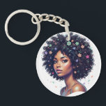 Whimsical Black Girl W/ Flower Adorned Afro Sleutelhanger<br><div class="desc">Celebrate the beauty and diversity of black women with this sweet print showcasing an AfricanAmerican young lady wearing her crowning glory in a classic round curly afro. Her naturally curly afro is accented with joyful flowers. Check out the Beautifully Black shop for matching items!</div>