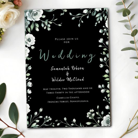 Whimsical Black Greenery en gouden bruiloft Kaart