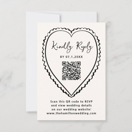 Whimsical Black Heart QR Code Wedding RSVP Kaartje (Voorkant)