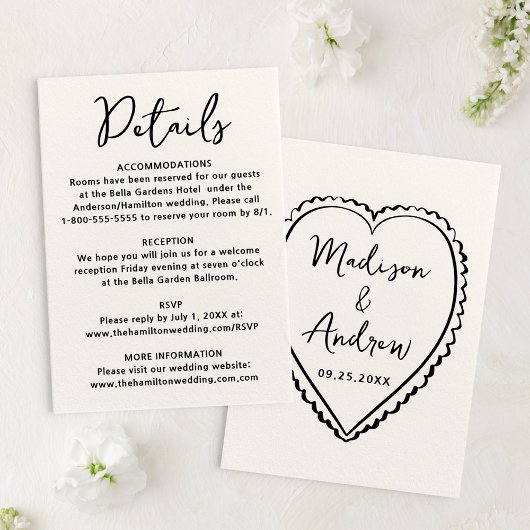 Whimsical Black Heart Wedding Details Informatiekaartje