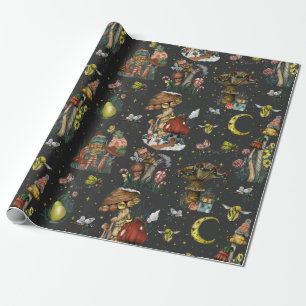 Whimsical Black Mushroom Merry-Gothic Wra Cadeaupapier