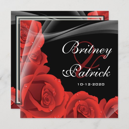 Whimsical Black & Red Rose Wedding Invitations Kaart (Voorkant / Achterkant)