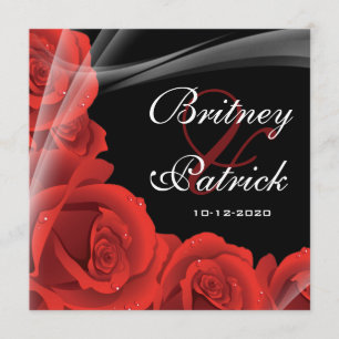 Whimsical Black & Red Rose Wedding Invitations Kaart