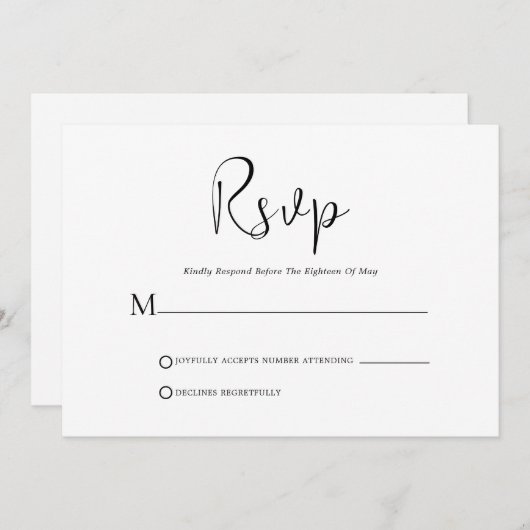 Whimsical Black Script op White RSVP Card Kaart (Voorkant / Achterkant)