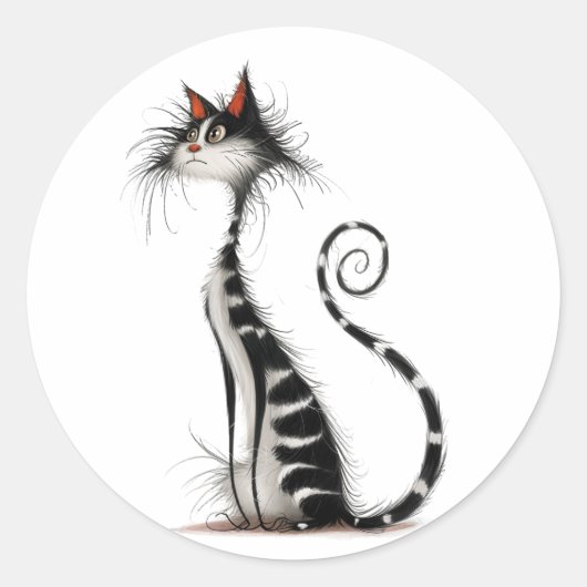 Whimsical Black Striped Cat Illustratie Ronde Sticker (Voorkant)