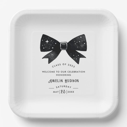 Whimsical Black & White Bow Afstudeerfeest Papieren Bordje (Voorkant)