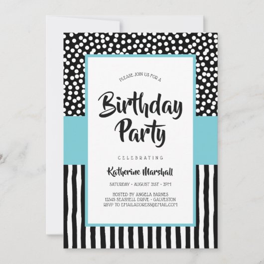 Whimsical Black White en Aqua Birthday Kaart (Voorkant)