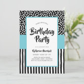 Whimsical Black White en Aqua Birthday Kaart (Staand voorkant)