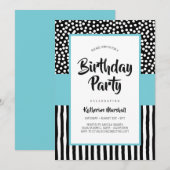 Whimsical Black White en Aqua Birthday Kaart (Voorkant / Achterkant)