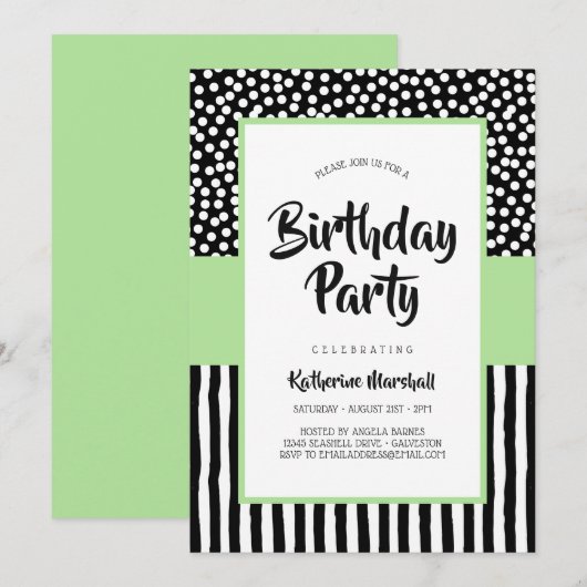 Whimsical Black White en Green Birthday Kaart (Voorkant / Achterkant)
