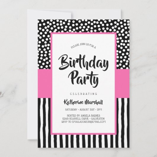 Whimsical Black White en Pink Birthday Kaart (Voorkant)