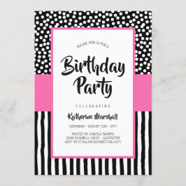 Whimsical Black White en Pink Birthday Kaart