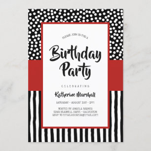 Whimsical Black White en Red Birthday Kaart