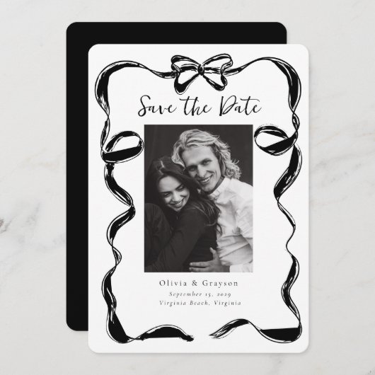Whimsical Black White Photo Bow Bewaar de datum Save The Date (Voorkant / Achterkant)