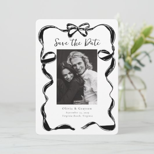 Whimsical Black White Photo Bow Bewaar de datum Save The Date (Staand voorkant)