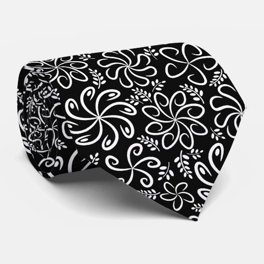 Whimsical Black White Spiral Flower Leafs Pattern Stropdas (Opgerold)