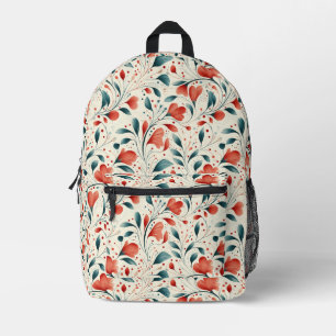 Whimsical Blauw blad & Rode Bloemen Patroon Bedrukte Rugzak