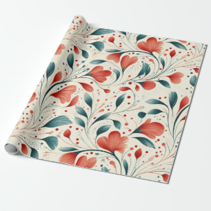 Whimsical Blauw blad & Rode Bloemen Patroon Cadeaupapier
