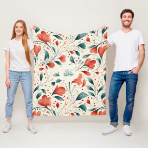 Whimsical Blauw blad & Rode Bloemen Patroon Fleece Deken