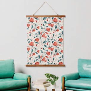 Whimsical Blauw blad & Rode Bloemen Patroon Hangend Wandkleed