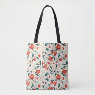 Whimsical Blauw blad & Rode Bloemen Patroon Tote Bag