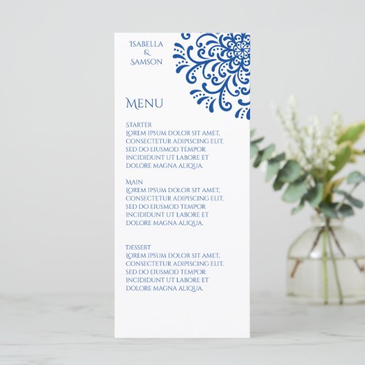 Whimsical Blauw Bloeien Bruiloft Menu (Staand voorkant)