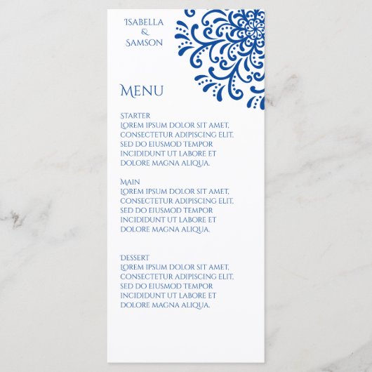 Whimsical Blauw Bloeien Bruiloft Menu (Voorkant)