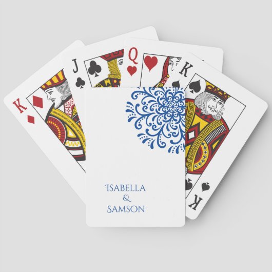 Whimsical Blauw Bloeiende Bruiloft Pokerkaarten (Achterkant)