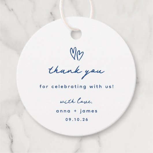 Whimsical Blauw Doodle Hart Bruiloft Bedankjes Labels (Voorkant)