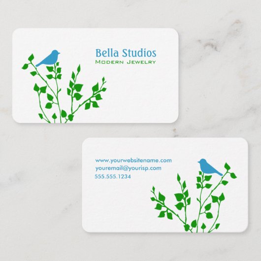 Whimsical Blauw en Groen Vogel Natuur Designer Visitekaartje (Voorkant / Achterkant)