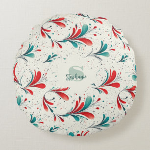 Whimsical Blauw en Rood Paisley Blad Patroon (2) Rond Kussen