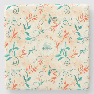 Whimsical Blauw en Rood Paisley Blad Patroon (2) Stenen Onderzetter
