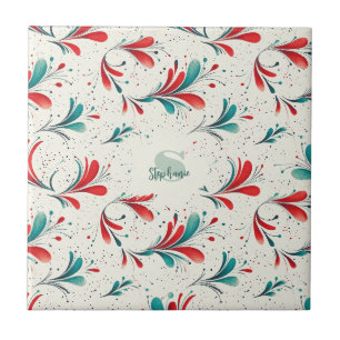 Whimsical Blauw en Rood Paisley Blad Patroon (2) Tegeltje