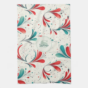 Whimsical Blauw en Rood Paisley Blad Patroon (2) Theedoek