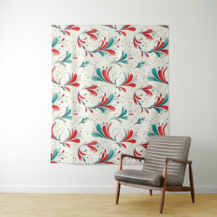 Whimsical Blauw en Rood Paisley Blad Patroon (2) Wandkleed