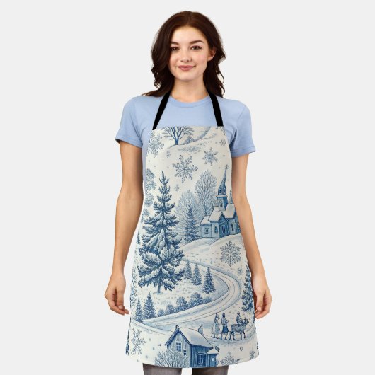 Whimsical Blauw en Wit Kerstmis Winter Scene Schort (Gedragen)