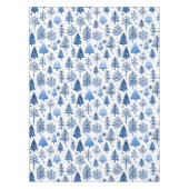 Whimsical Blauw en Wit Winter Tree en Sneeuwvlok Tafelkleed (Voorkant)