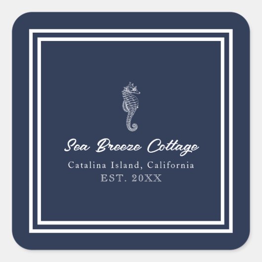 Whimsical Blauw en Wit Zeepaardje Vierkante Sticker (Voorkant)