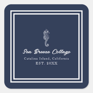 Whimsical Blauw en Wit Zeepaardje Vierkante Sticker