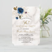 Whimsical Blauw Gouden Bloem 50ste Verjaardag Kaart (Staand voorkant)