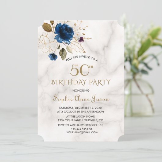 Whimsical Blauw Gouden Bloem 50ste Verjaardag Kaart (Staand voorkant)