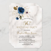 Whimsical Blauw Gouden Bloem 50ste Verjaardag Kaart (Voorkant / Achterkant)