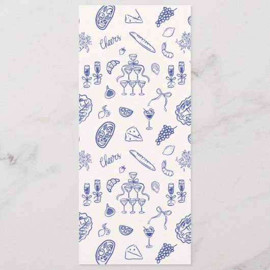 Whimsical, blauw Hand getrokken bruiloft Flat Menu (Achterkant)