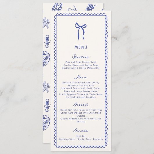 Whimsical, blauw Hand getrokken bruiloft Flat Menu (Voorkant / Achterkant)