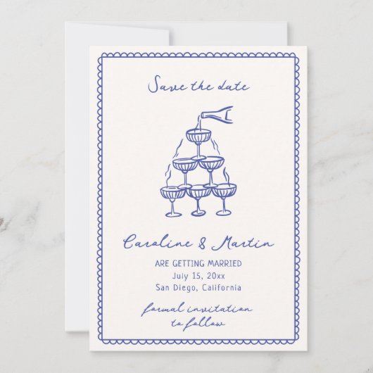 Whimsical blauw, Hand getrokken bruiloft opslaan v Kaart (Voorkant)