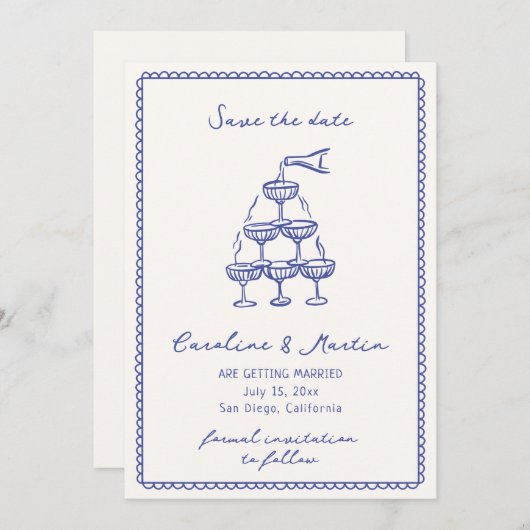 Whimsical blauw, Hand getrokken bruiloft opslaan v Kaart (Voorkant / Achterkant)