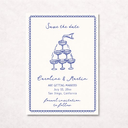 Whimsical blauw, Hand getrokken bruiloft opslaan v Kaart